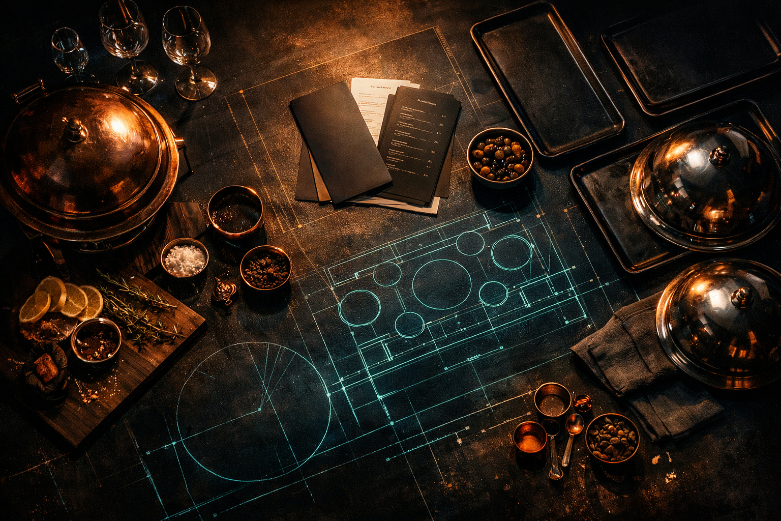 Dark hospitality planning artwork with banquet table and catering tools.